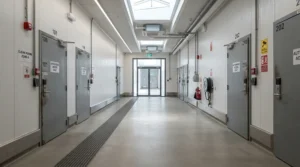 An interior service corridor running between a dual-sided block of dog kennels with easy-clean surfaces.