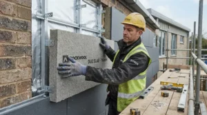 Close-up of durable composite wall panels used in the sturdy construction of a modern block of dog kennels.