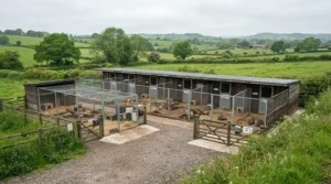 A modern block of dog kennels installed at a professional breeding establishment in the countryside.