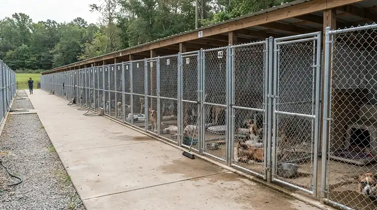 A neat row showing a large block of dog kennels with secure individual runs and safety gates.