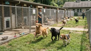 Dogs enjoying exercise in the secure grass paddocks attached to a large block of dog kennels.
