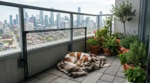 A compact portable dog run providing outdoor space on a city apartment balcony