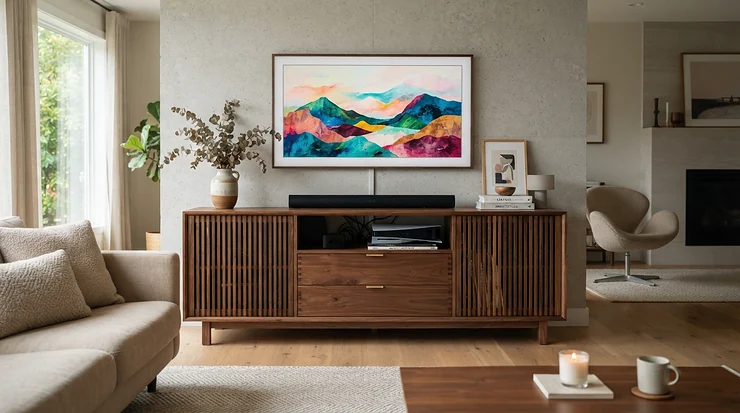 A stylish wooden double dog kennel functioning as a TV stand in a modern British living room