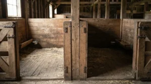 Interior view of a double dog kennel showing solid kennel partition walls separating two resting areas