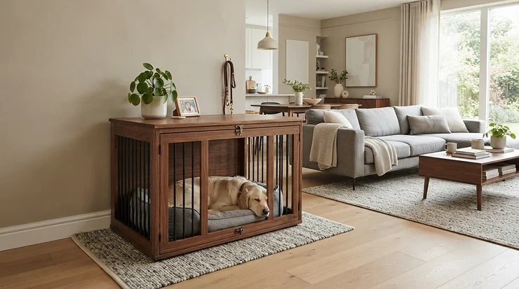 A living room interior demonstrating how a double vs triple dog kennel fits against a feature wall.