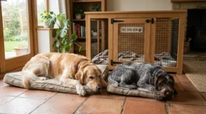 Two dogs resting near a double vs triple dog kennel unit inside a country home hallway.