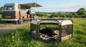 A foldable portable dog run pitched next to a tent at a British countryside campsite