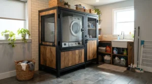 Heavy-duty double dog kennel with reinforced steel bars in a country home utility room