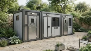 A robust triple dog kennel positioned on a patio in a landscaped back garden
