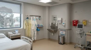 A biosecure isolation area inside a specialized kennel for breeding dogs to protect animal health.