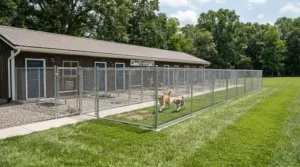 A secure outdoor enclosure attached to a modern kennel for breeding dogs for safe daily exercise.