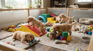 A safe play zone within a kennel for breeding dogs designed for early puppy socialisation and development.