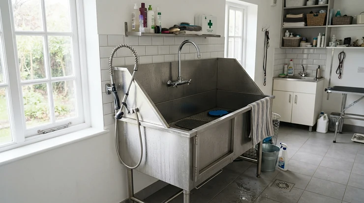 A hygiene and washdown station built into a practical kennel for breeding dogs for easy daily cleaning.