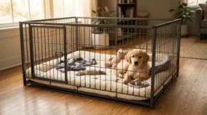 A clean nursing kennel prepared inside a quiet spare room for a litter of small puppies