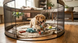 A pop-up portable dog run used indoors on a wooden floor in a modern living room
