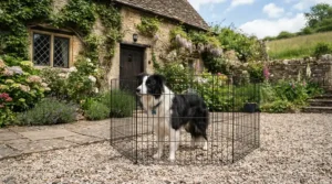A portable dog run providing a secure area outside a rented holiday cottage