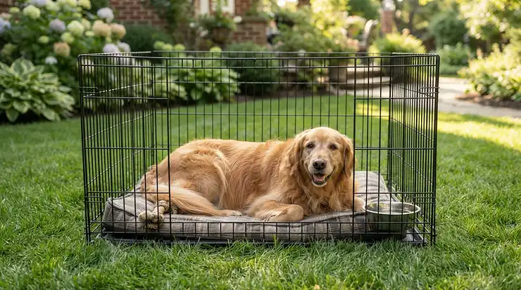 A portable dog run set up on a green lawn in a suburban back garden during summer