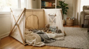 A collapsible portable whelping box kennel set up temporarily in a quiet bedroom