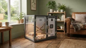 A domestic puppy whelping housing unit placed safely in the corner of a living room