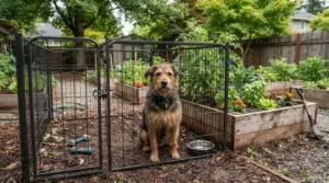 A sturdy portable dog run set up on a vegetable plot while owners garden