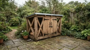 Weatherproof twin dog housing set up on a patio in a typical British back garden