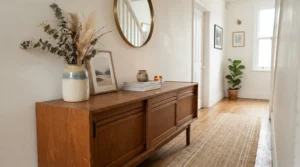 A compact two dog kennel positioned neatly in a hallway with decorative items on top