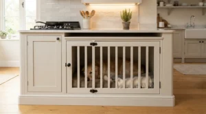 Painted grey wooden double dog kennel fitted beneath a kitchen island counter