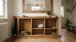 A bespoke wooden triple dog kennel acting as a functional console table in a hallway