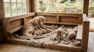 A robust wooden whelping box kennel designed for larger dog breeds and their litters